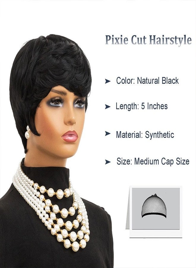 MOONSHOW Short Wigs for Black Women Pixie Cut Wig Black Short Hair Pixie Wigs for Black Women Straight Bowl Cut Wig Black Pixie Wigs With Bangs Short Curly Wigs - Image 5